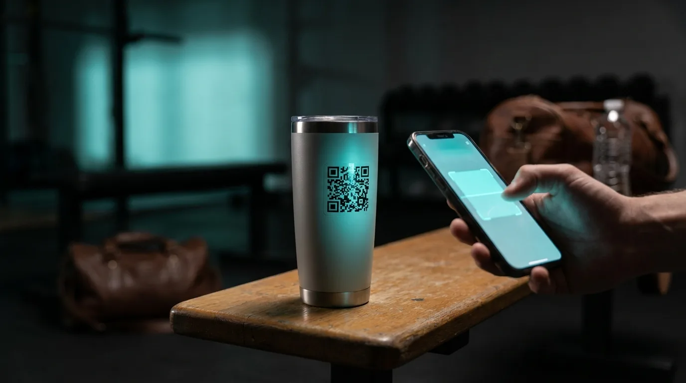 Premium QR sticker on a tumbler being scanned